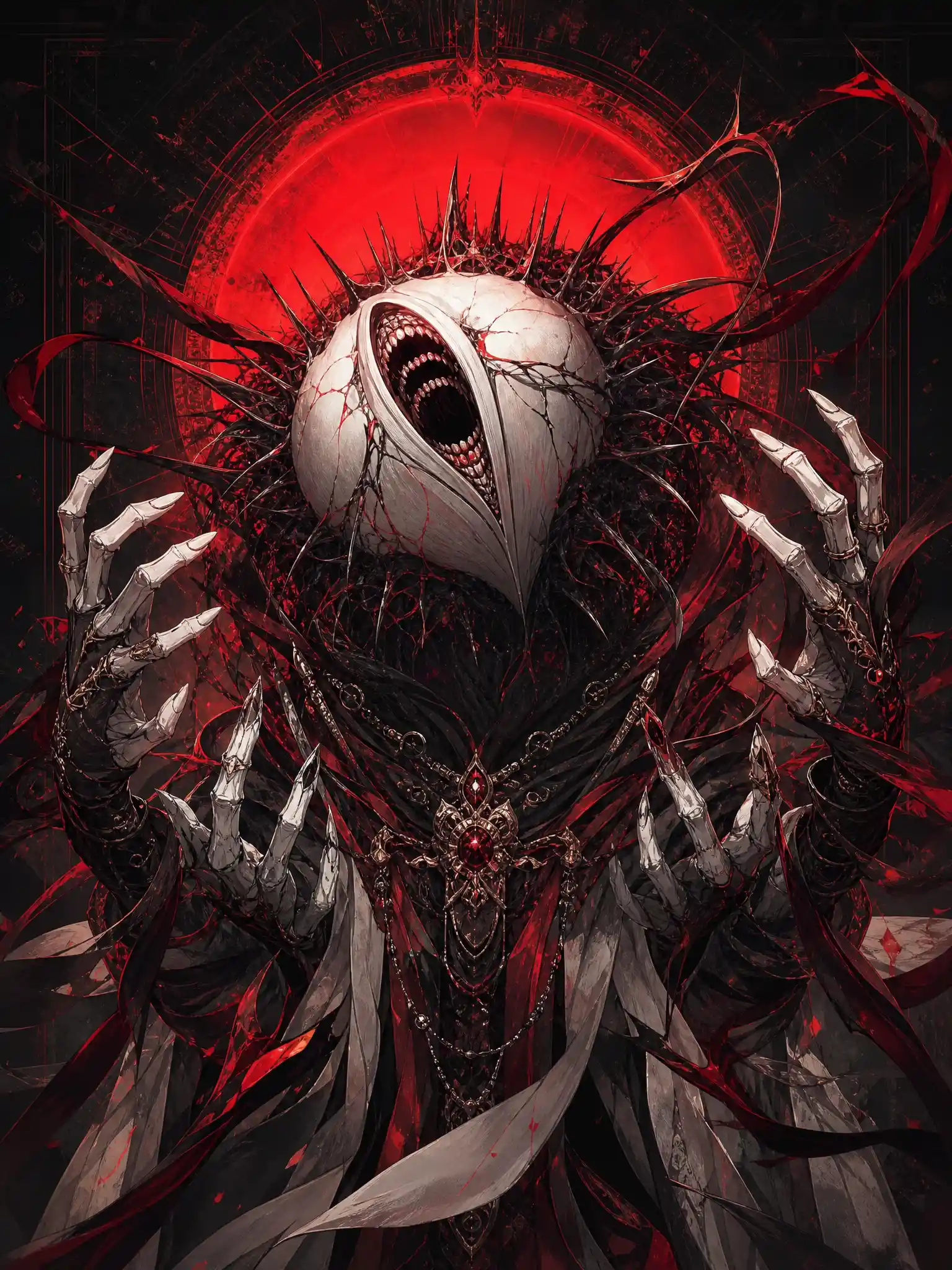 Eldritch humanoid with cracked shell head and eclipse