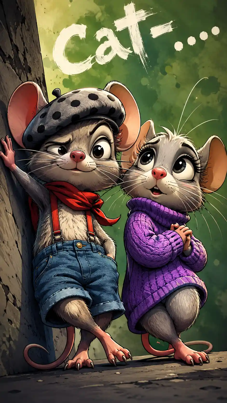 Two funny cartoon mice in low angle close up composition