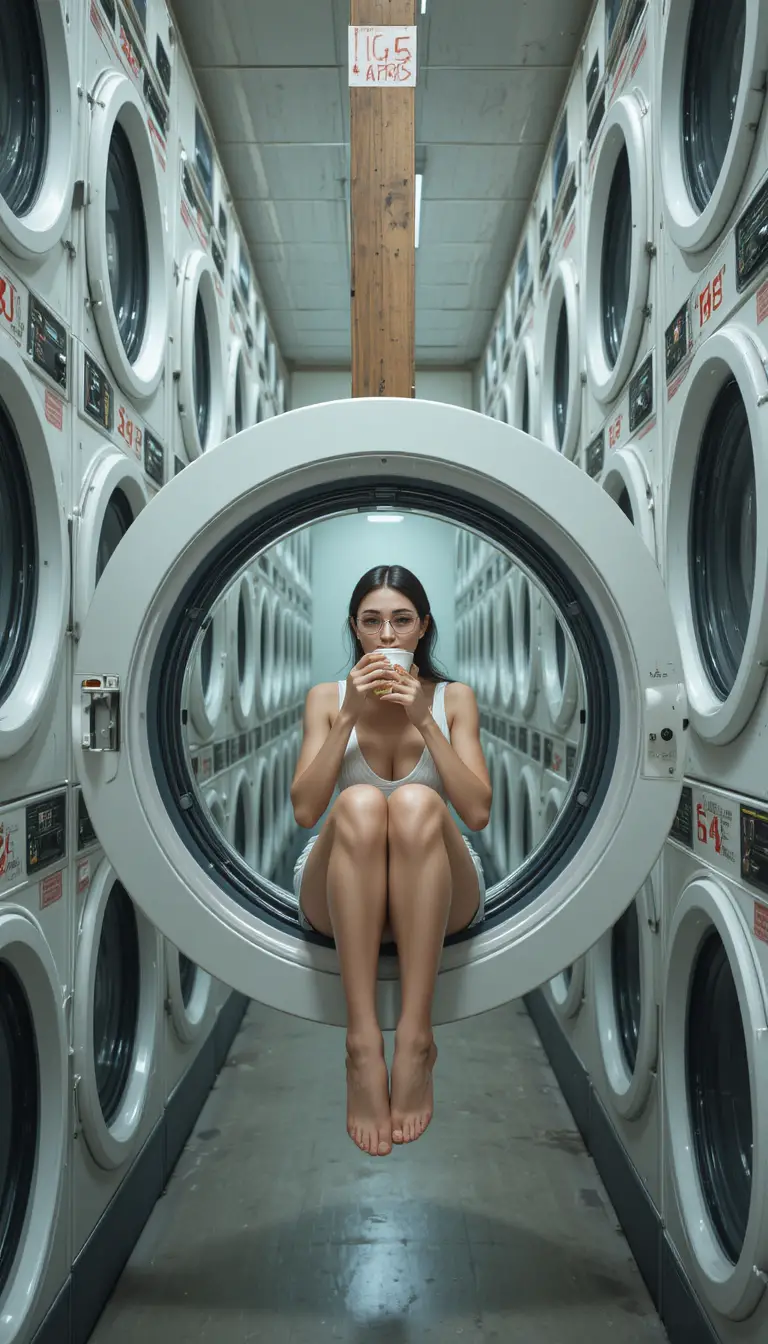 Woman eating noodles inside laundromat dryer drum