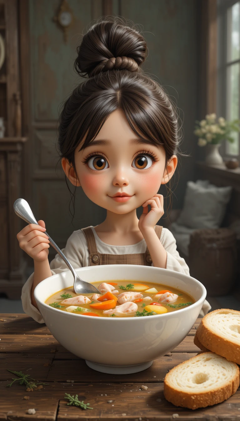 Little girl with chicken soup in a playful close up portrait