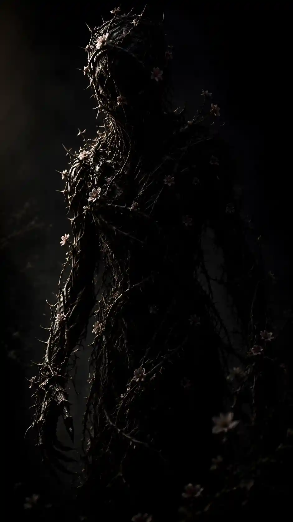 Vine wrapped humanoid figure emerging from deep darkness