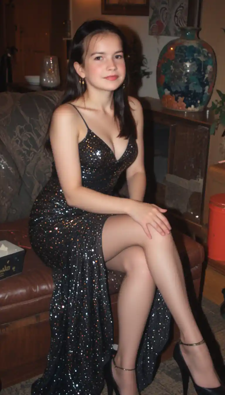 Elegant woman in sequin dress sitting with crossed thighs