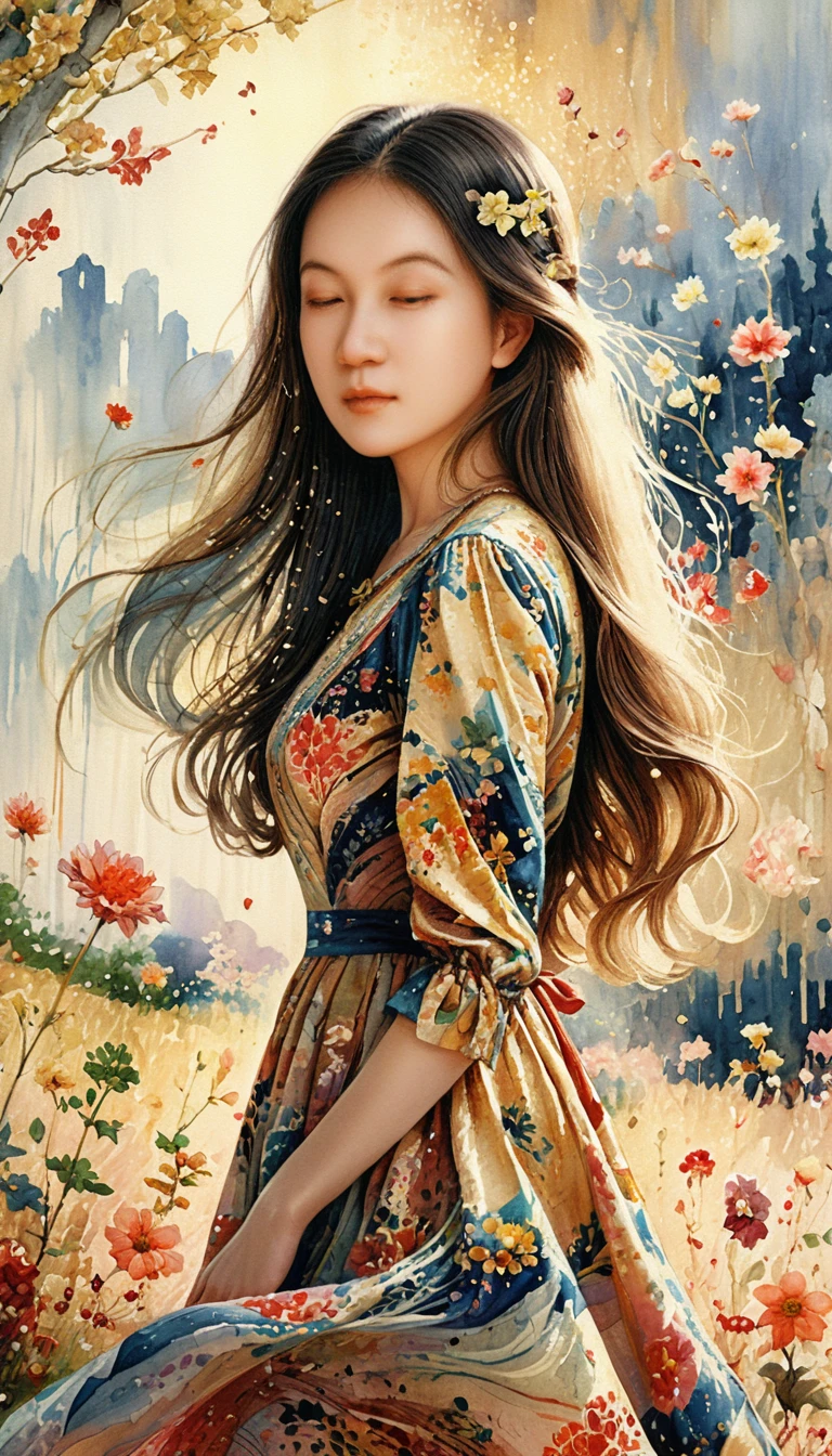 Woman in floral vintage dress standing in green field