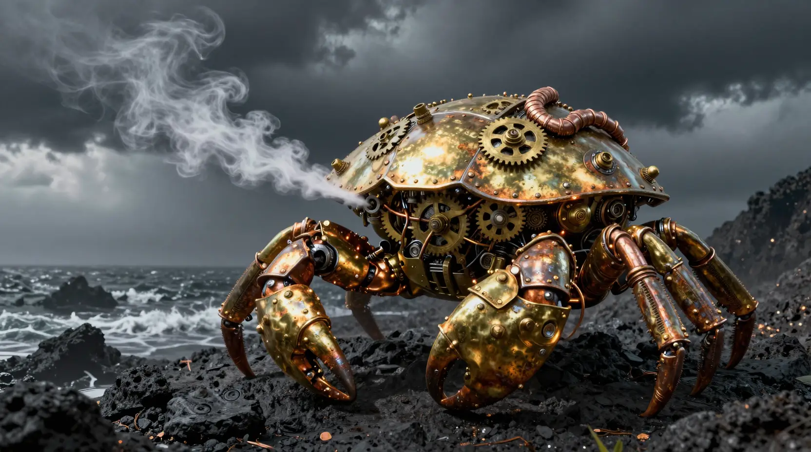 Steampunk-Mechanikkrabbe auf vulkanischen Küstenfelsen