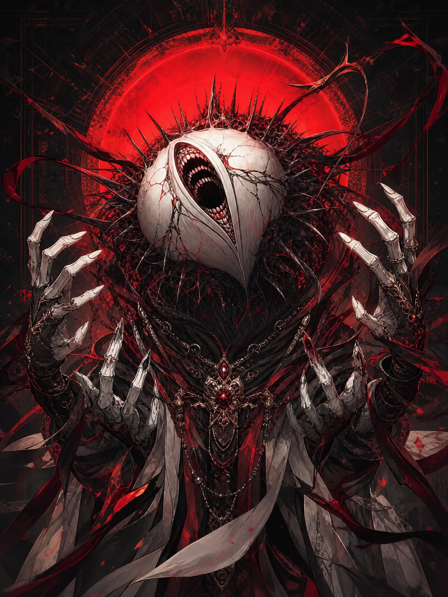 Umanoide eldritch con testa a guscio incrinata ed eclissi