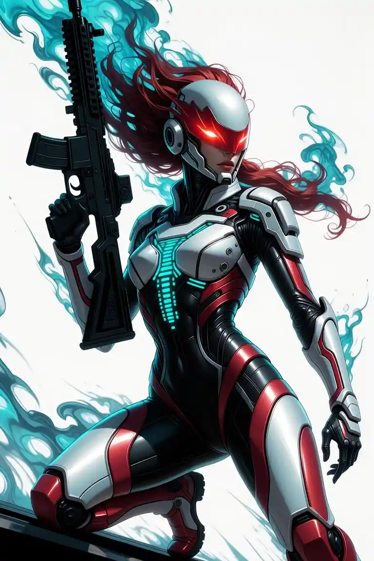 Futuristic female warrior aiming rifle in kneeling pose
