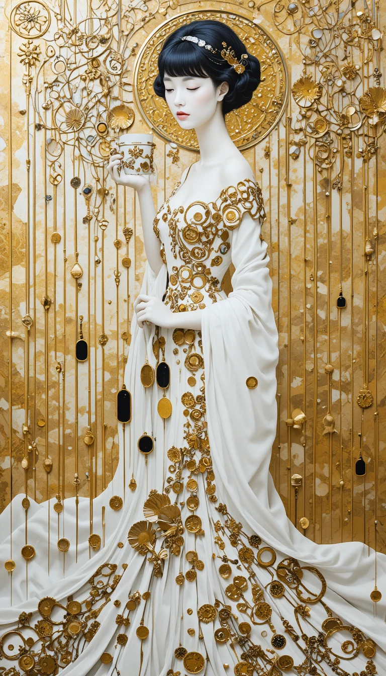 White And Gold Abstract Drawing With Textured 3D Effect