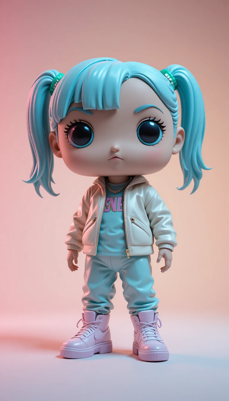 Chibi vinyl collectible toy in pastel studio lighting