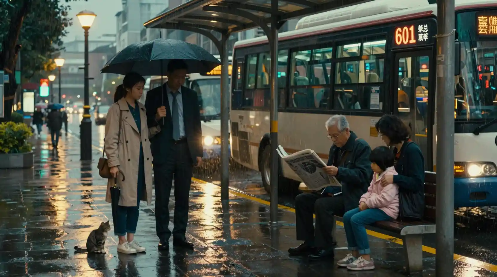 Woman waiting at rainy Taipei bus stop at dusk