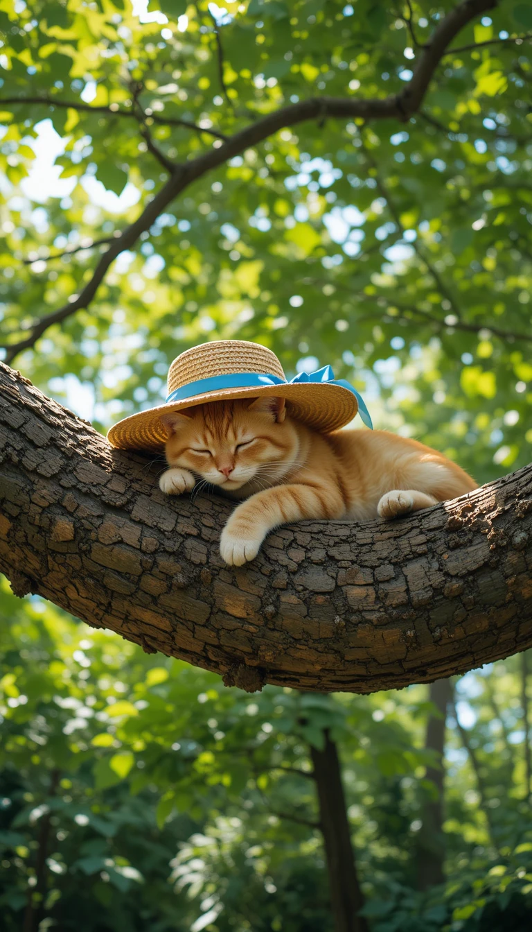 Sleeping cat in a straw hat on a sunlit tree branch