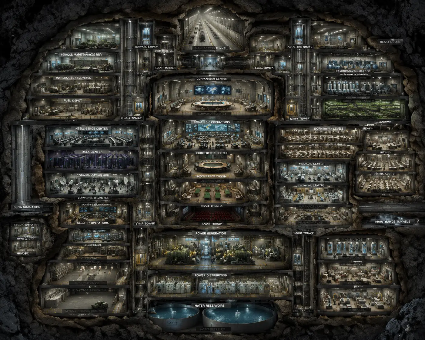 Vast multi level underground military bunker cross section