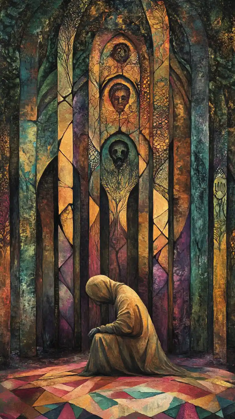Mystical Guardian Kneeling Amid Towering Abstract Tree Columns