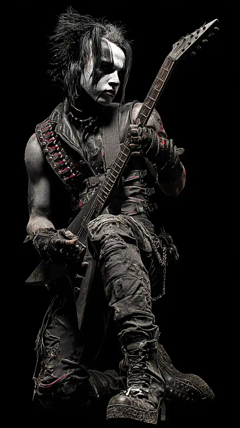 Intense rock guitarist under harsh spotlight on industrial stage