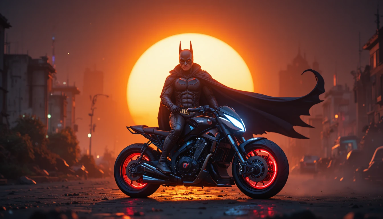 Cyberpunk rider on futuristic motorcycle at golden hour