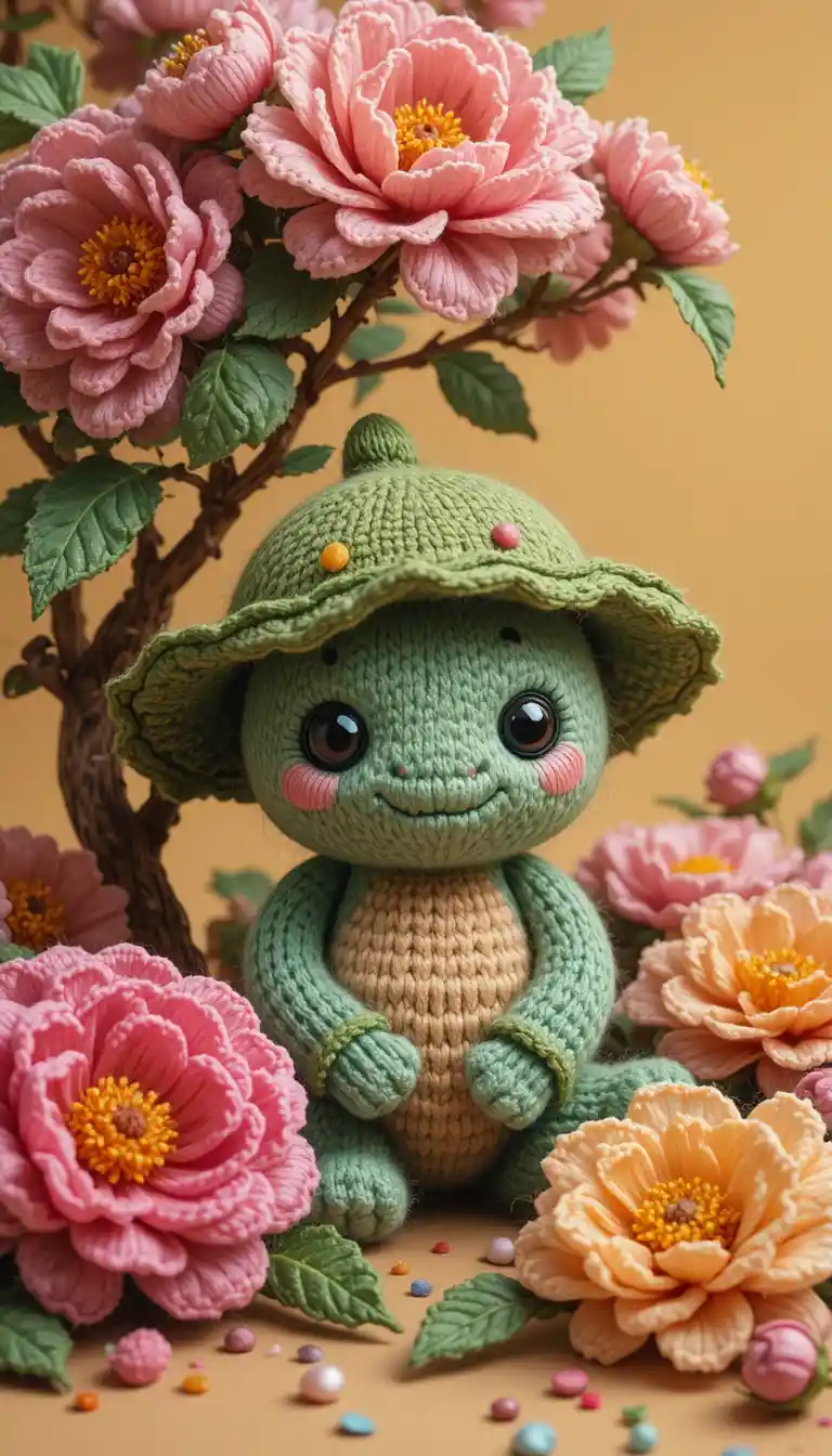 Dolce mostriciattolo lavorato a maglia sotto un cespuglio di peonie con fiori all’uncinetto