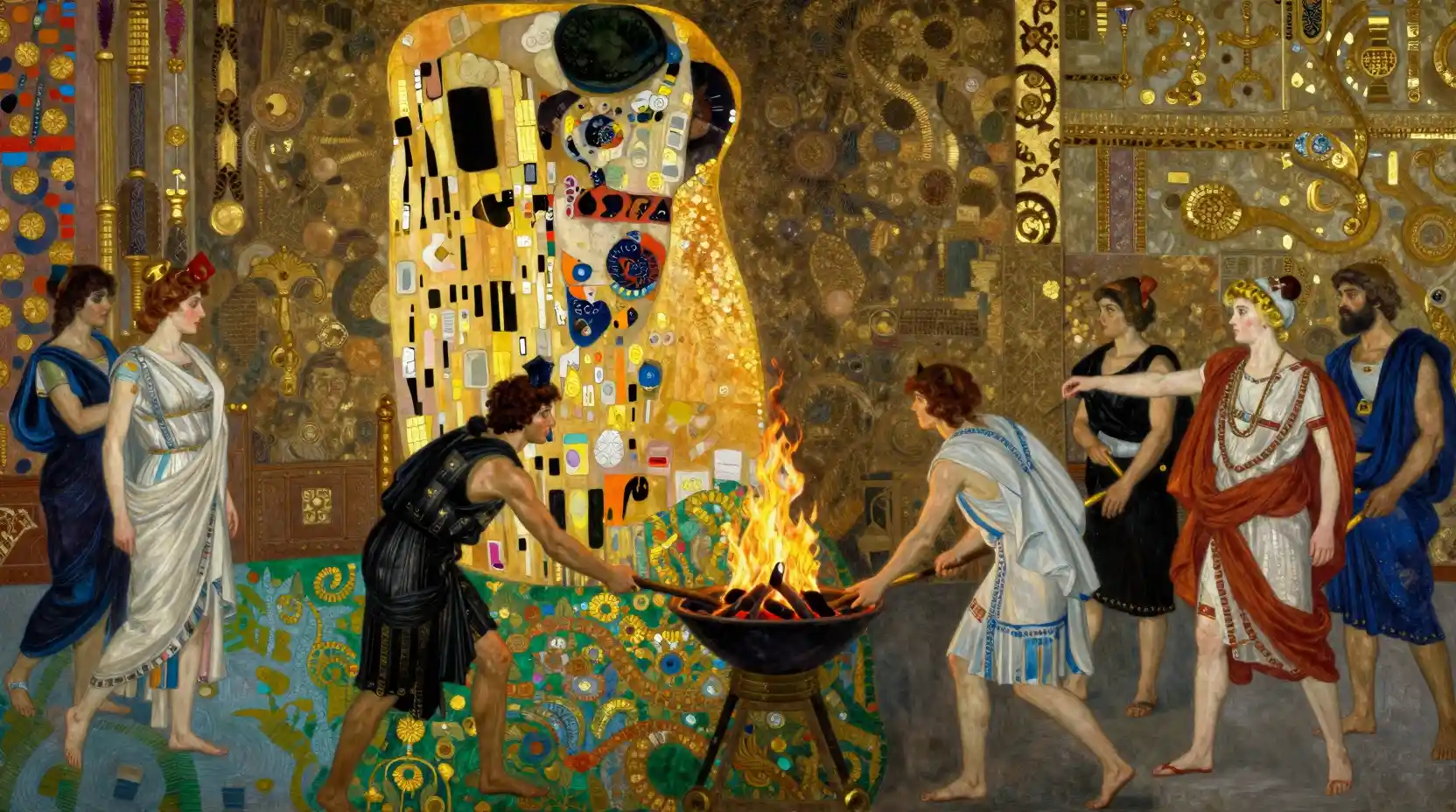 Women acting in an ancient Greek ritual on a grand stage