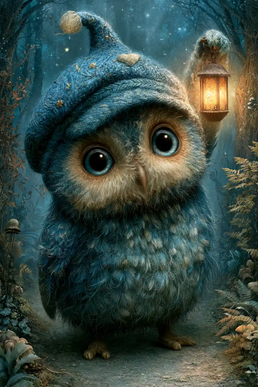 Plump Owl In Nightcap Walking Through A Fantasy Forest
