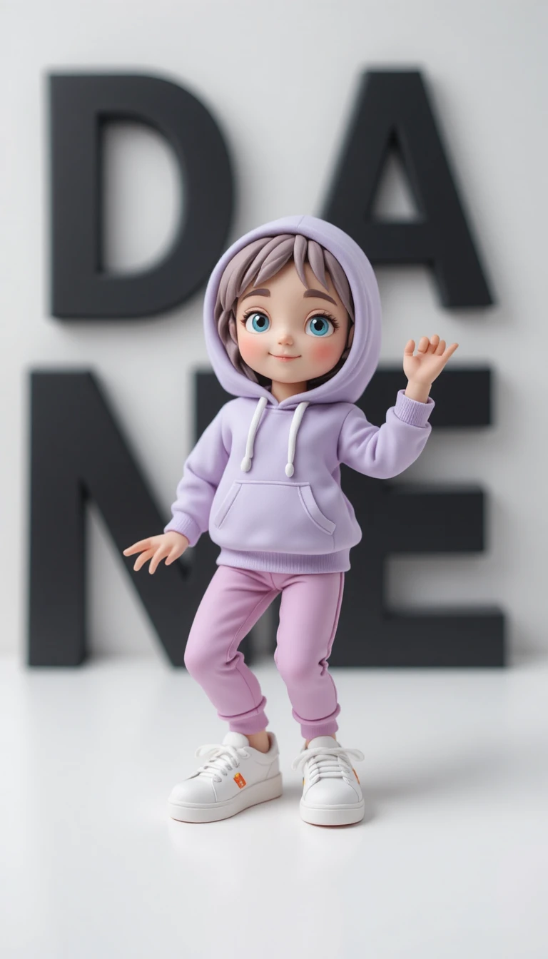 Cute clay dancer character leaning on bold dance letters