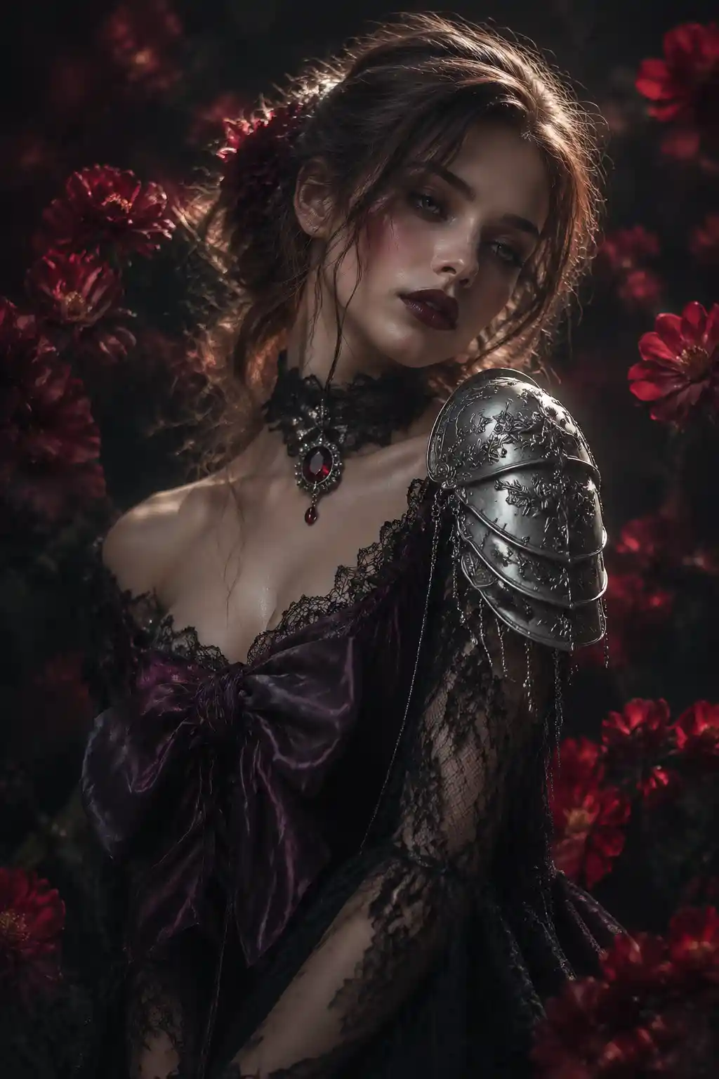 Fantasy portrait of a young woman in lace dress and armor