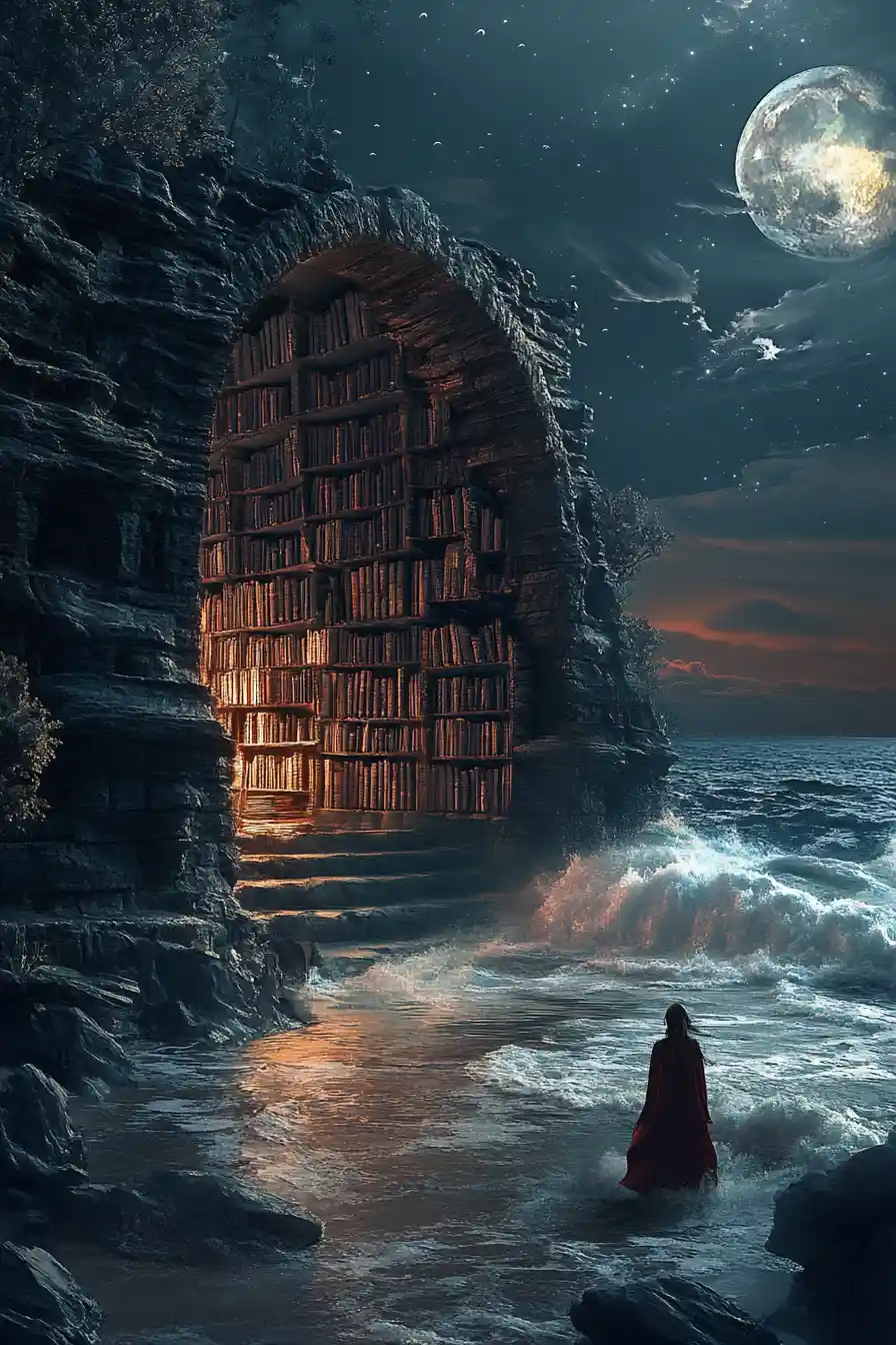 Moonlit fantasy shoreline where stars vanish from the water