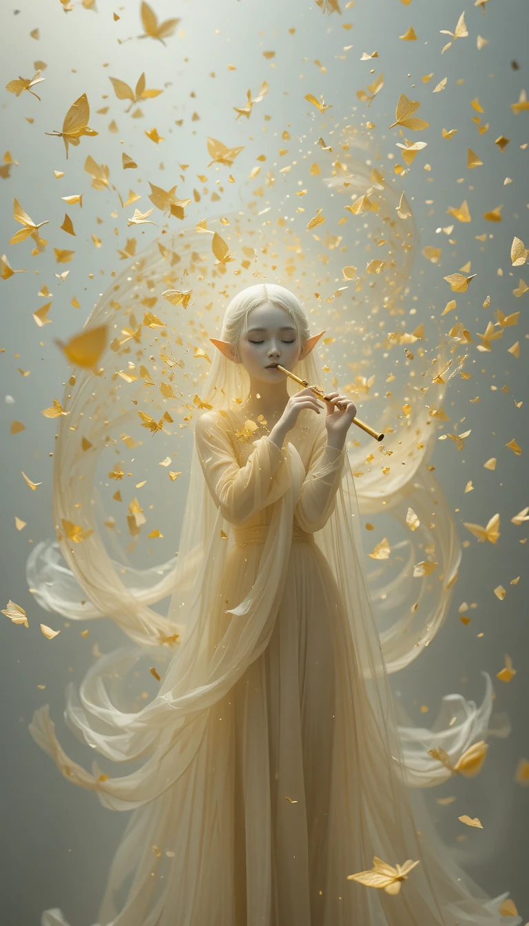 Ghostly elf playing an invisible flute amid golden particles