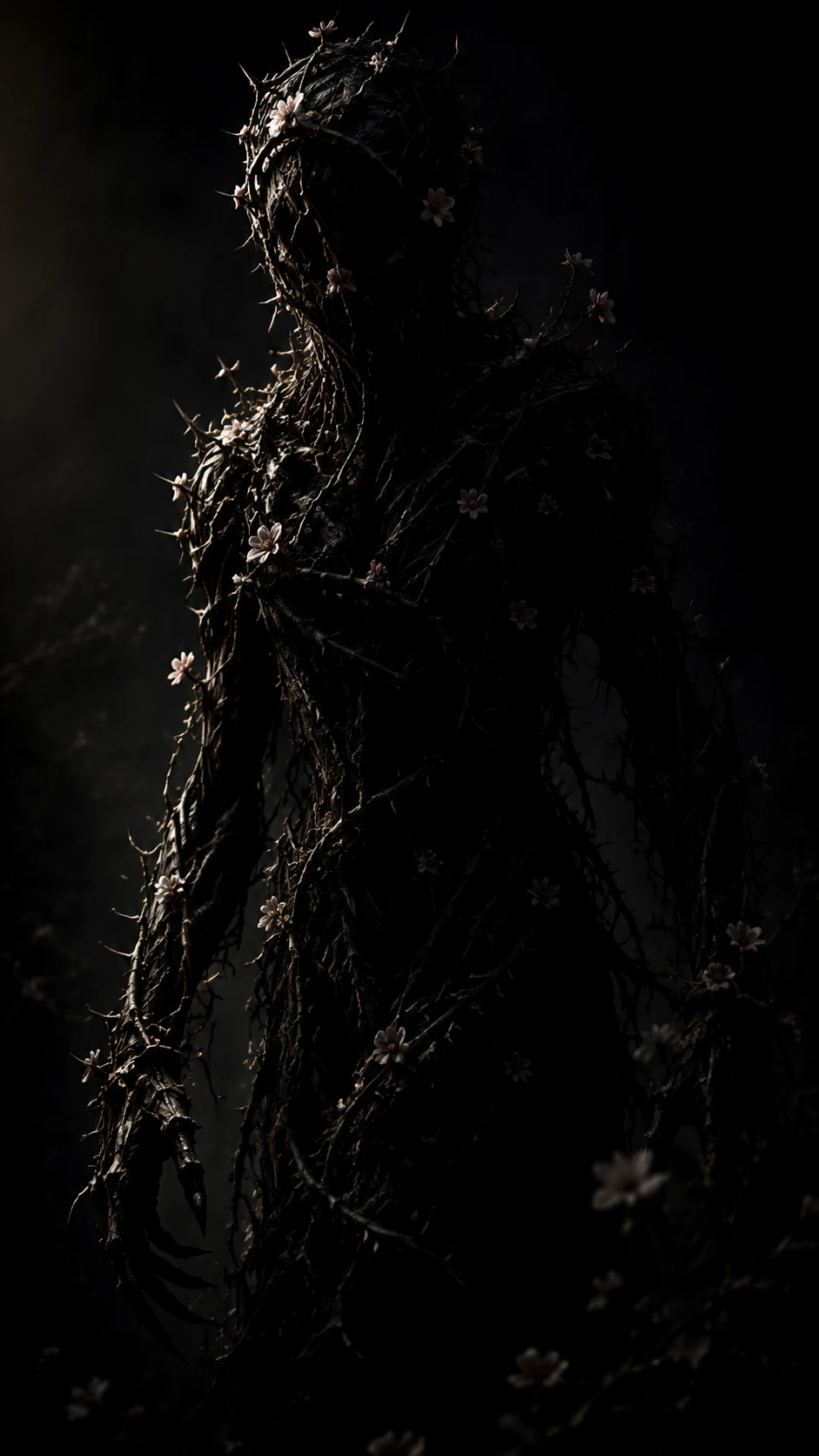 Vine wrapped humanoid figure emerging from deep darkness