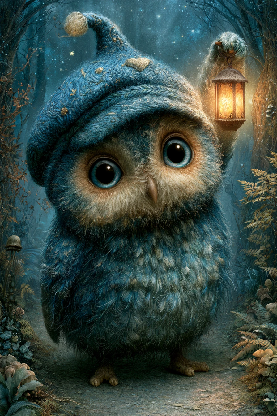 Plump Owl In Nightcap Walking Through A Fantasy Forest