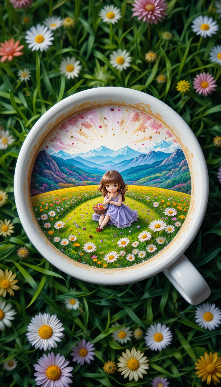 Coffee cup with foamy art on green meadow grass