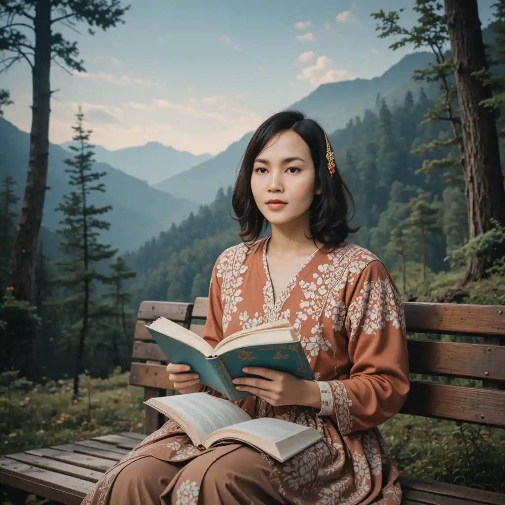 Girl reading on a bench in a quiet forest landscape