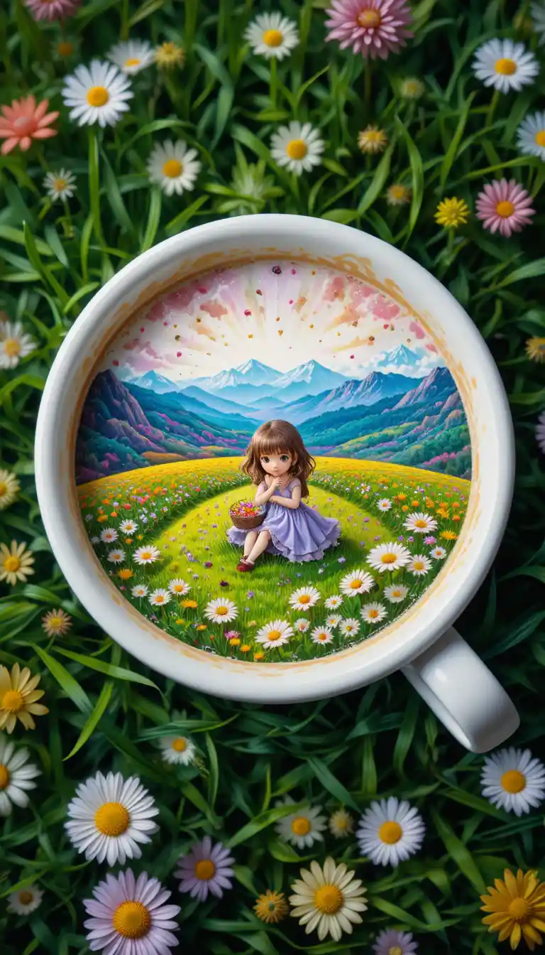 Coffee cup with foamy art on green meadow grass