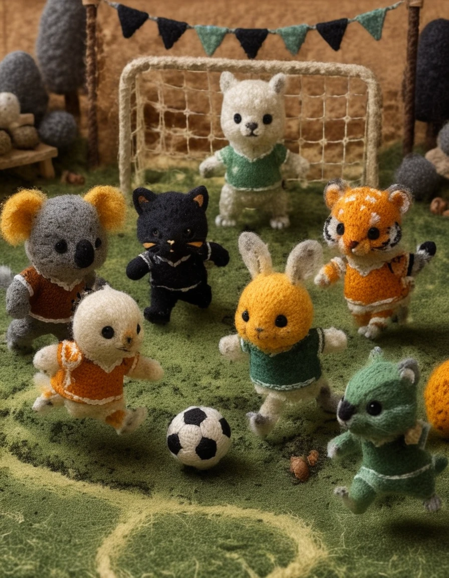 Cute wool baby animals playing soccer on tiny field