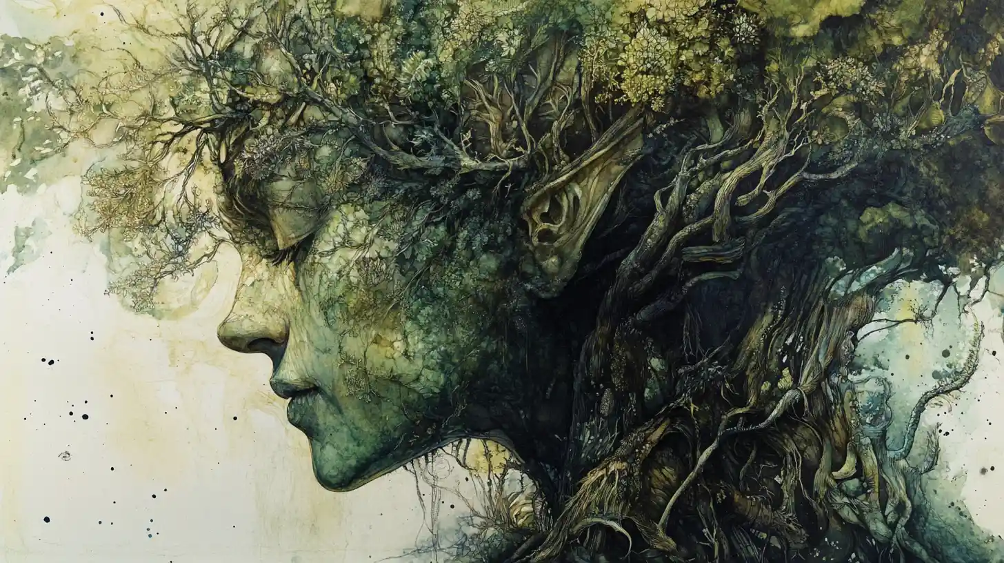 Elf Beside An Ancient Tree Of Layered Botanical Sketches