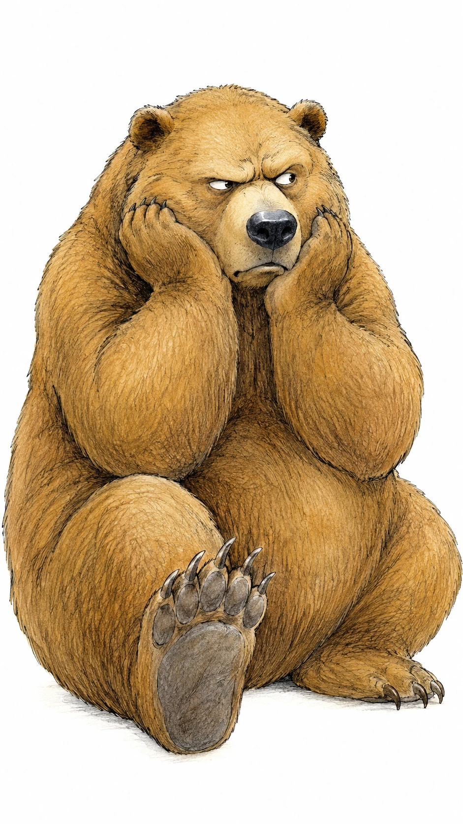 Grumpy brown bear sitting with head resting on paws