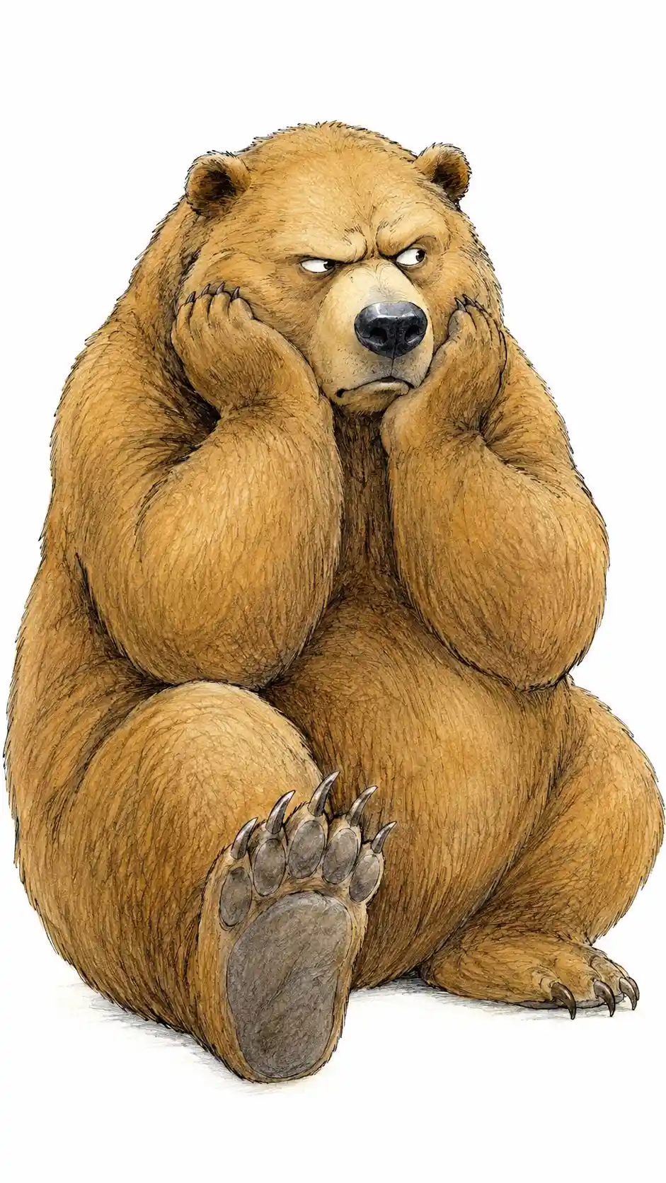 Grumpy brown bear sitting with head resting on paws