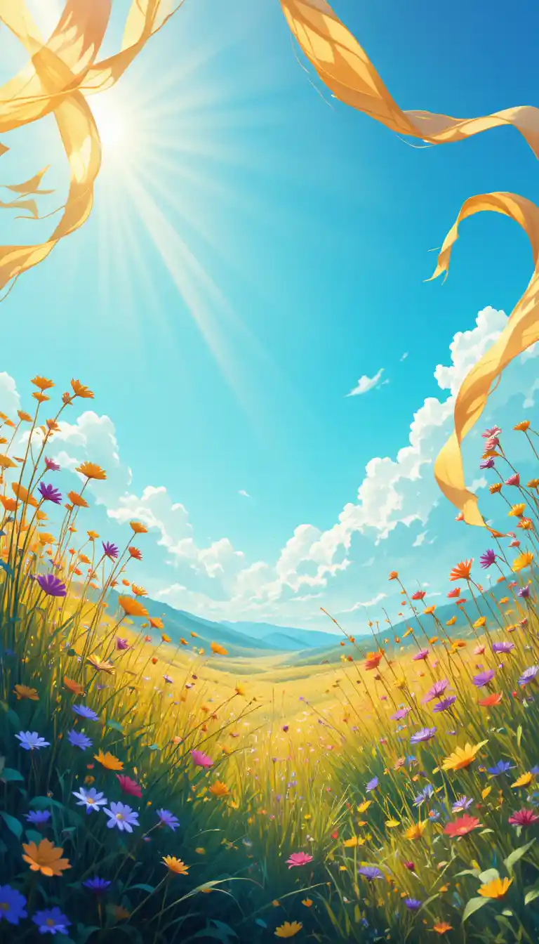 Sunlit meadow with fluttering ribbons in soft digital style