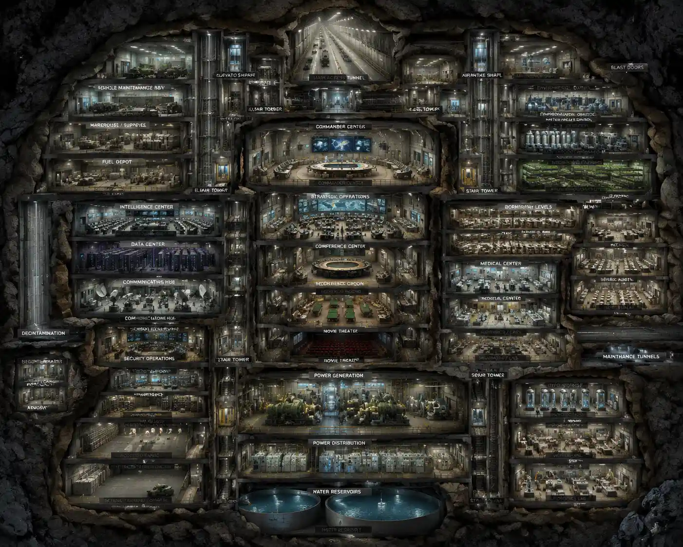 Vast multi level underground military bunker cross section
