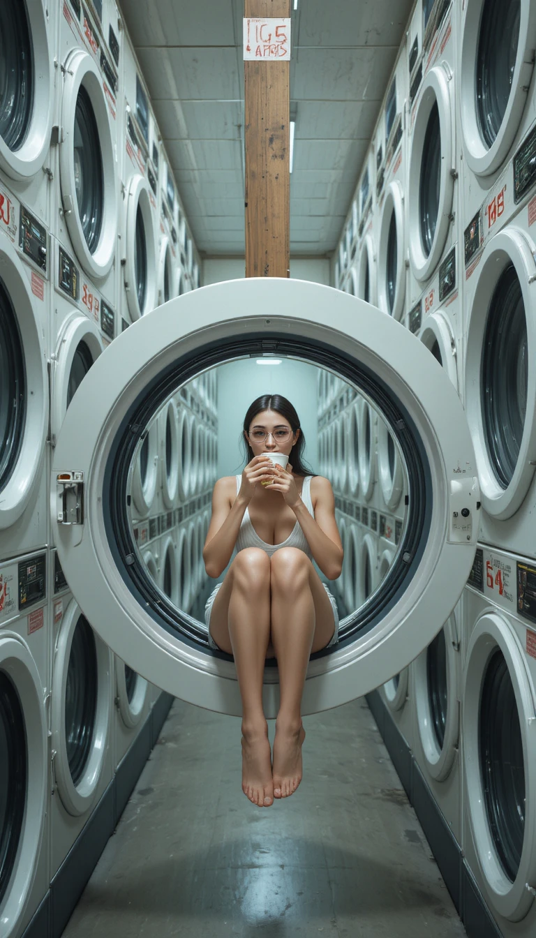 Woman eating noodles inside laundromat dryer drum