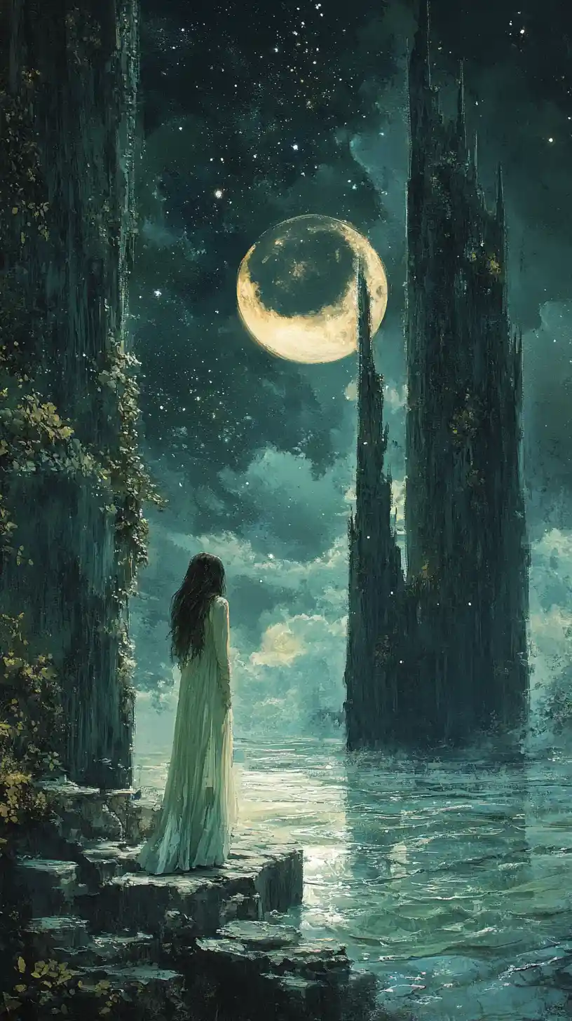 Moonlit shoreline where stars vanish from the dark water