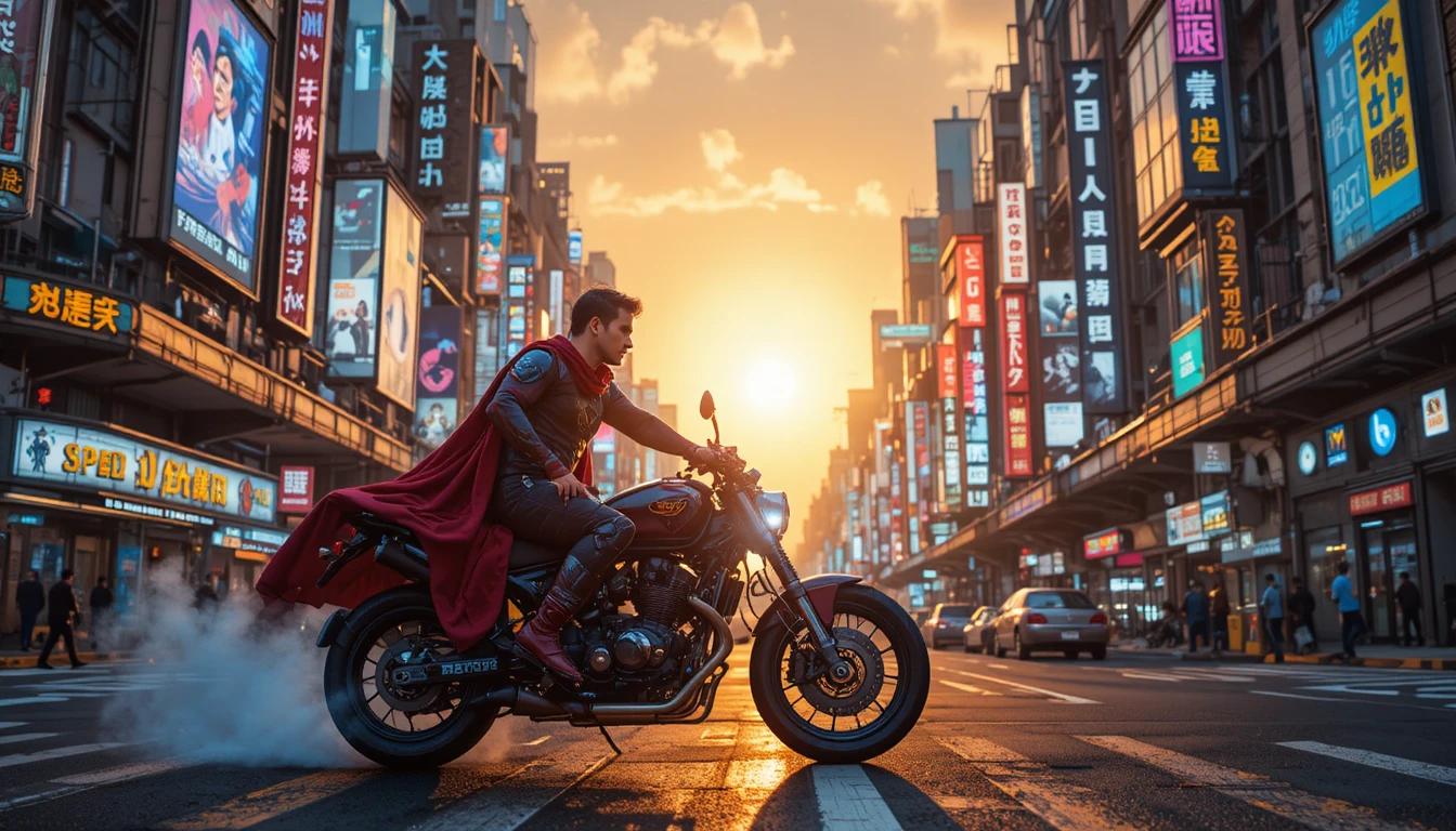 Cyberpunk rider on futuristic motorbike in neon city street