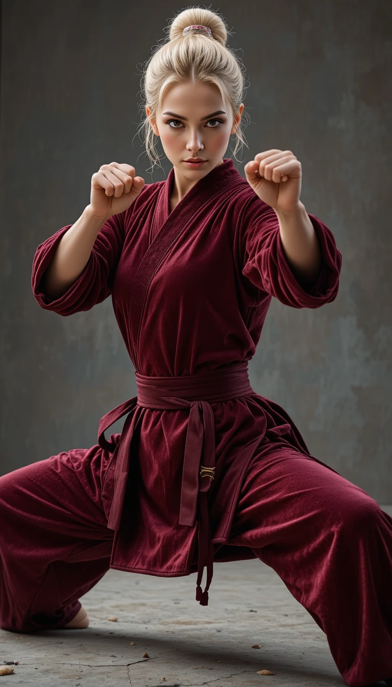 Blonde woman in kimono performing a high martial arts kick