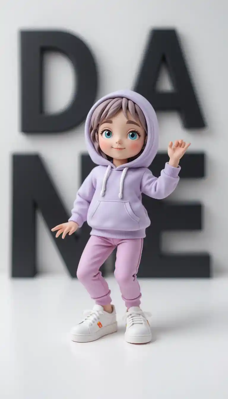 Cute clay dancer character leaning on bold dance letters