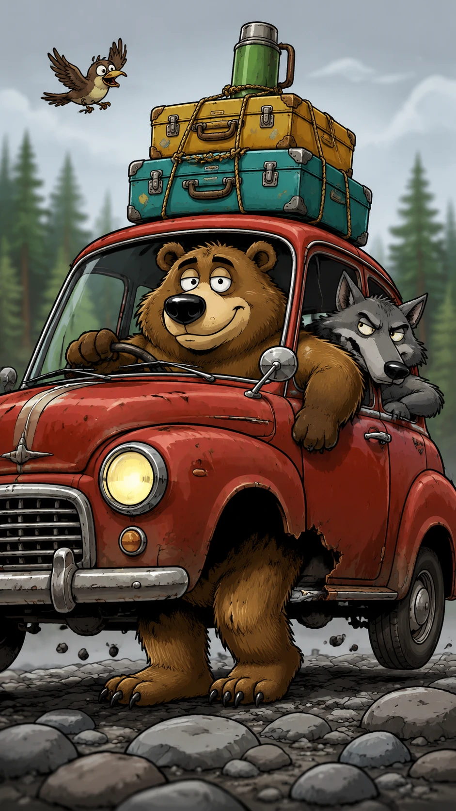 Cartoon bear driving a red retro car through forest