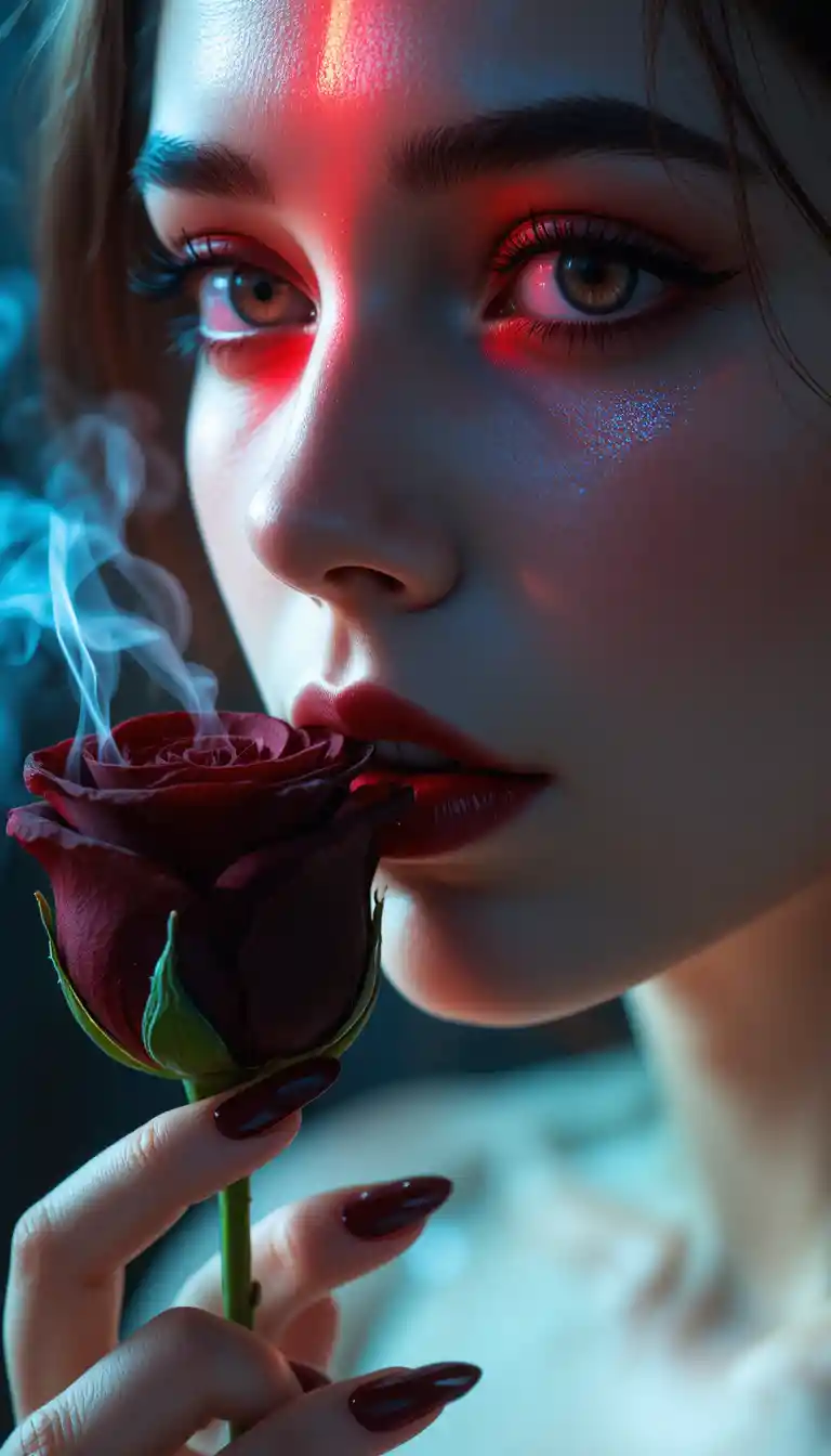 Cinematic close up of woman with red neon light