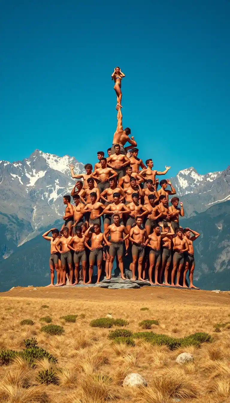 Human pyramid of nude acrobats in sunny mountain valley