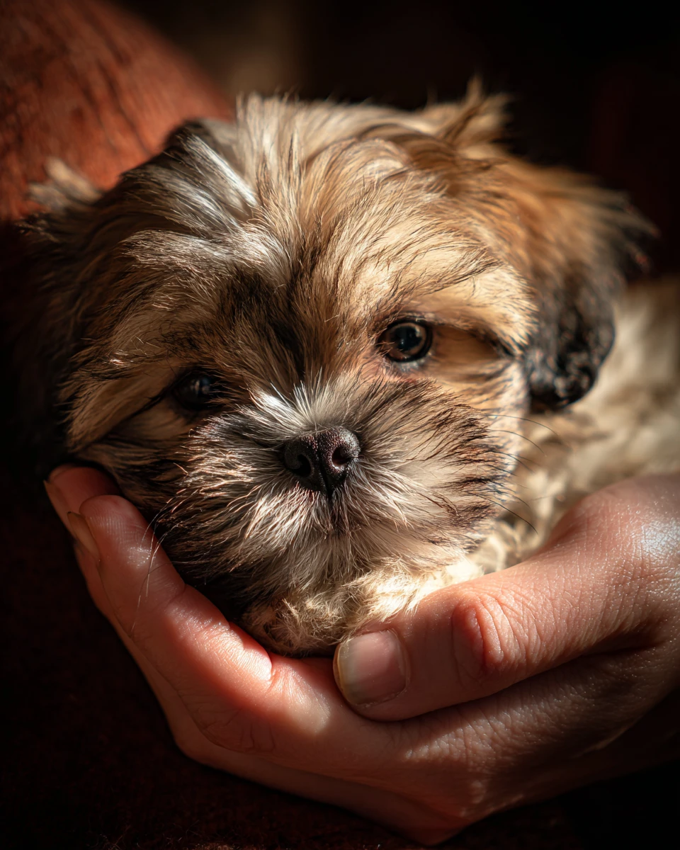 Fluffy shih tzu puppy resting in a womans gentle hand
