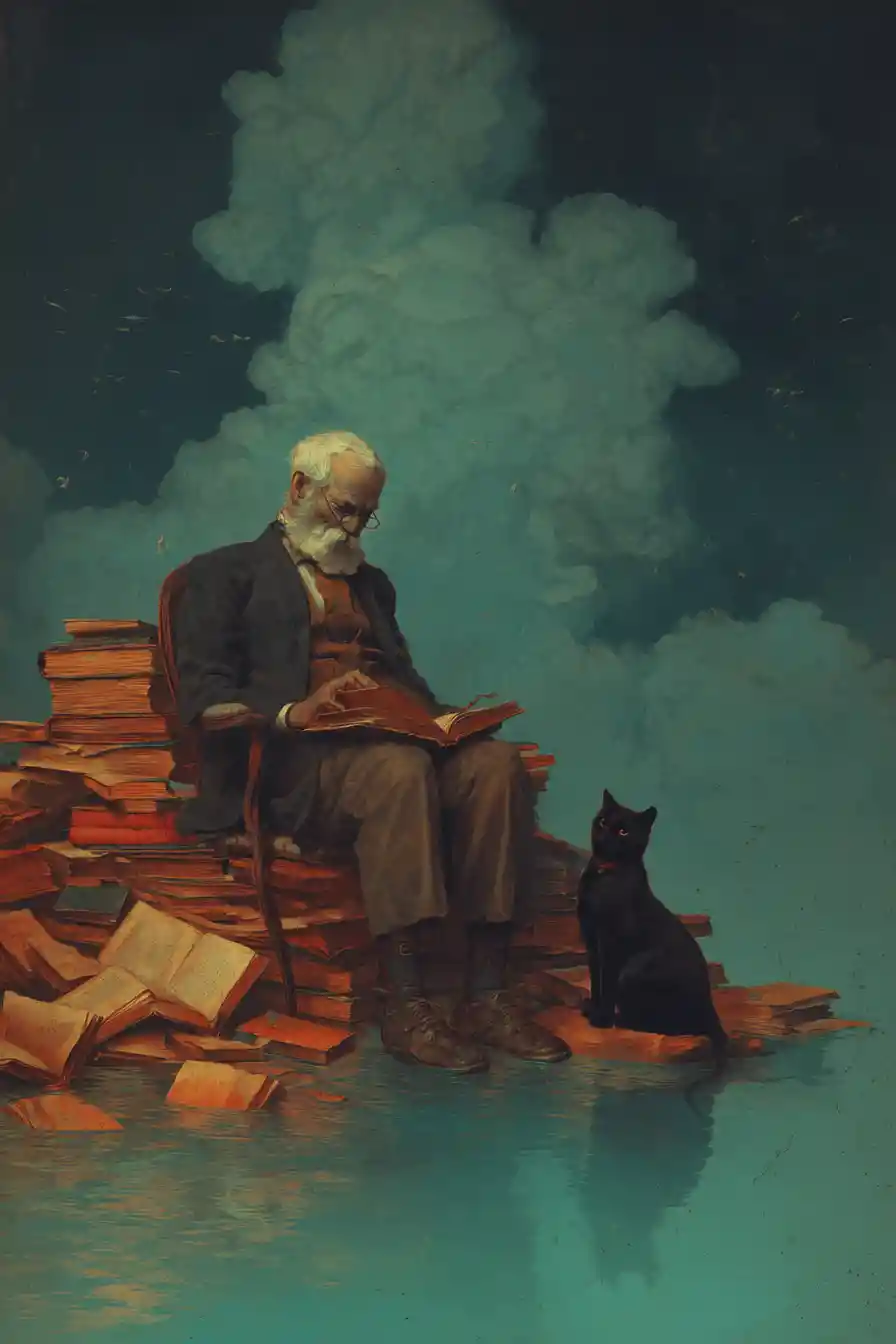 Professor and black cat at a surreal starless shoreline