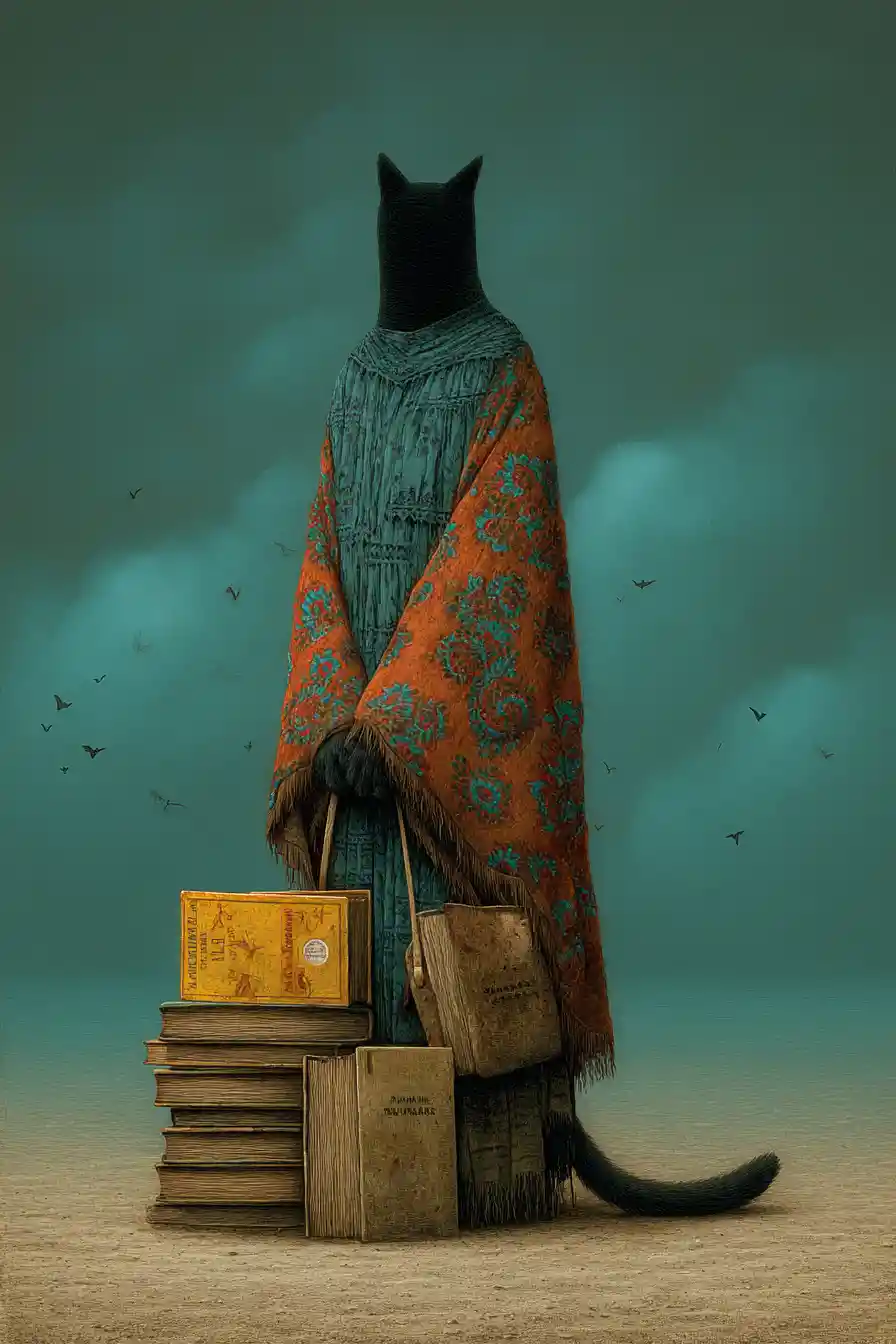 Old professor and tall black cat on a surreal shore