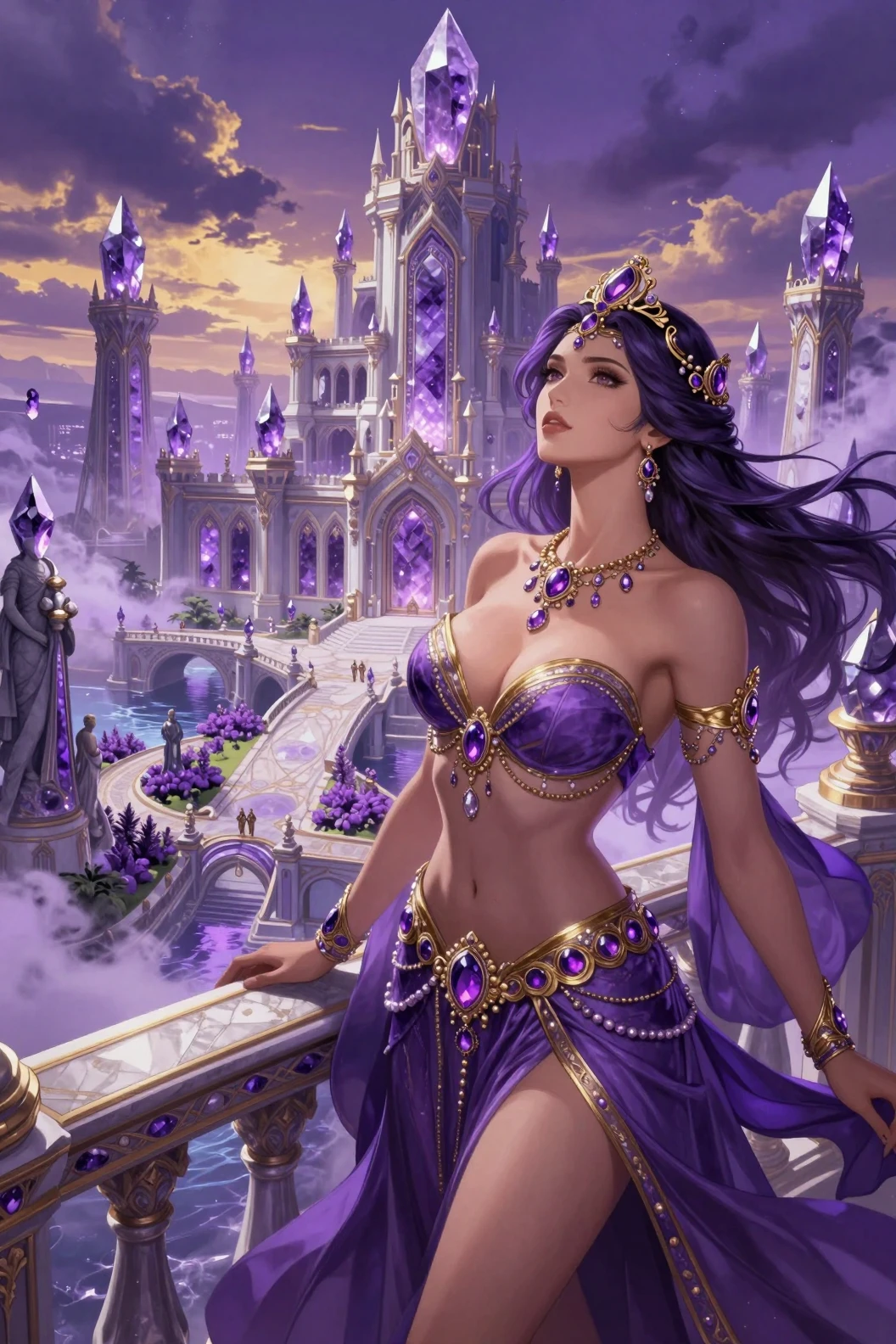 Regal fantasy queen overlooking a vast amethyst city