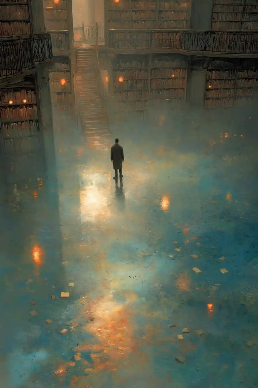 Surreal fantasy shoreline with a drowned library under moonlight