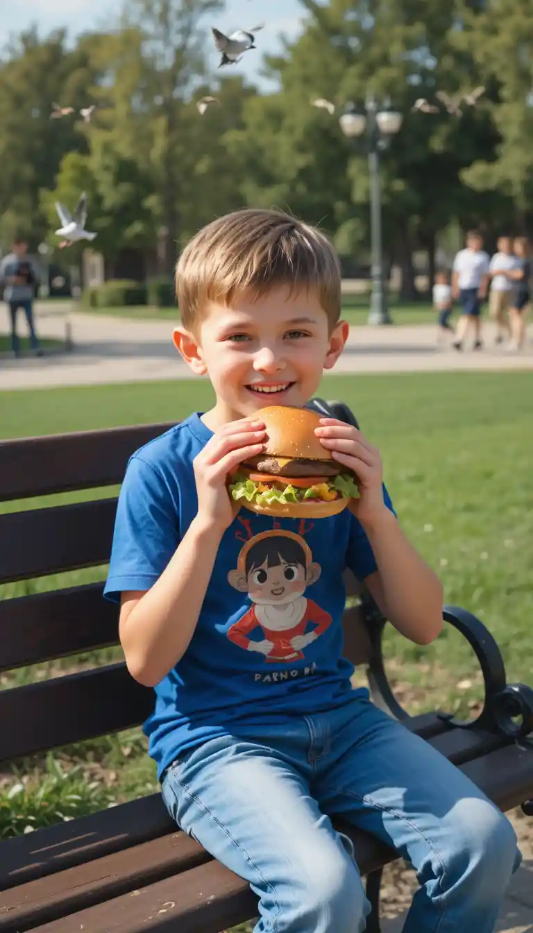 Smiling boy eating cheeseburger on a sunny park bench
